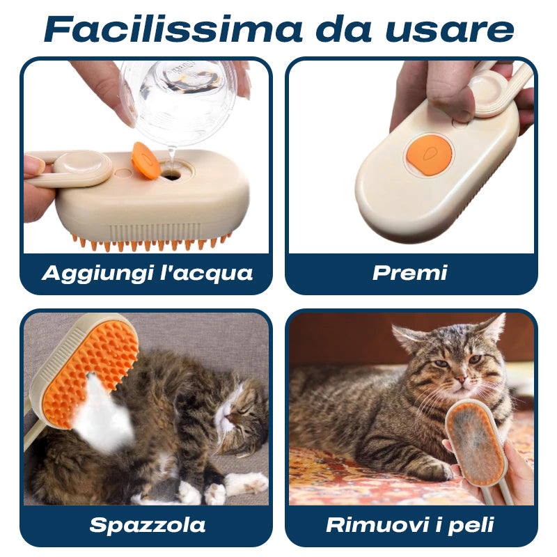 Spazzola 3-in-1 a Vapore per Cani e Gatti | Massaggia, Pulisce e Rimuove il Pelo Morto