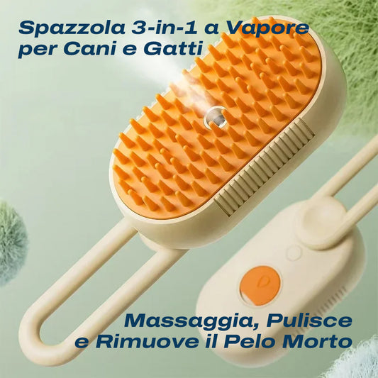 Spazzola 3-in-1 a Vapore per Cani e Gatti | Massaggia, Pulisce e Rimuove il Pelo Morto